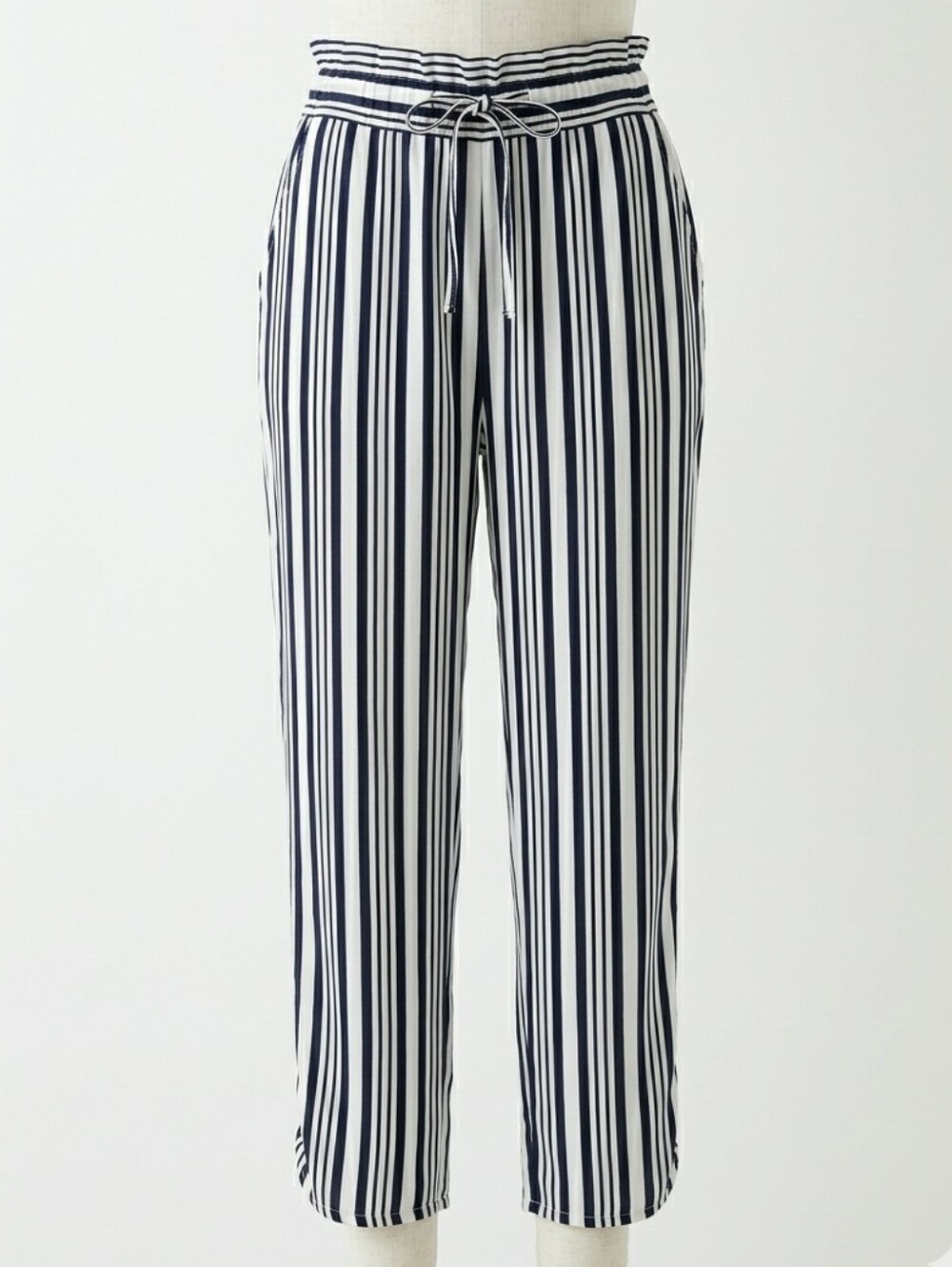 ZARA TRF Striped Paperbag Waist Pants Navy White Drawstring Crop XS